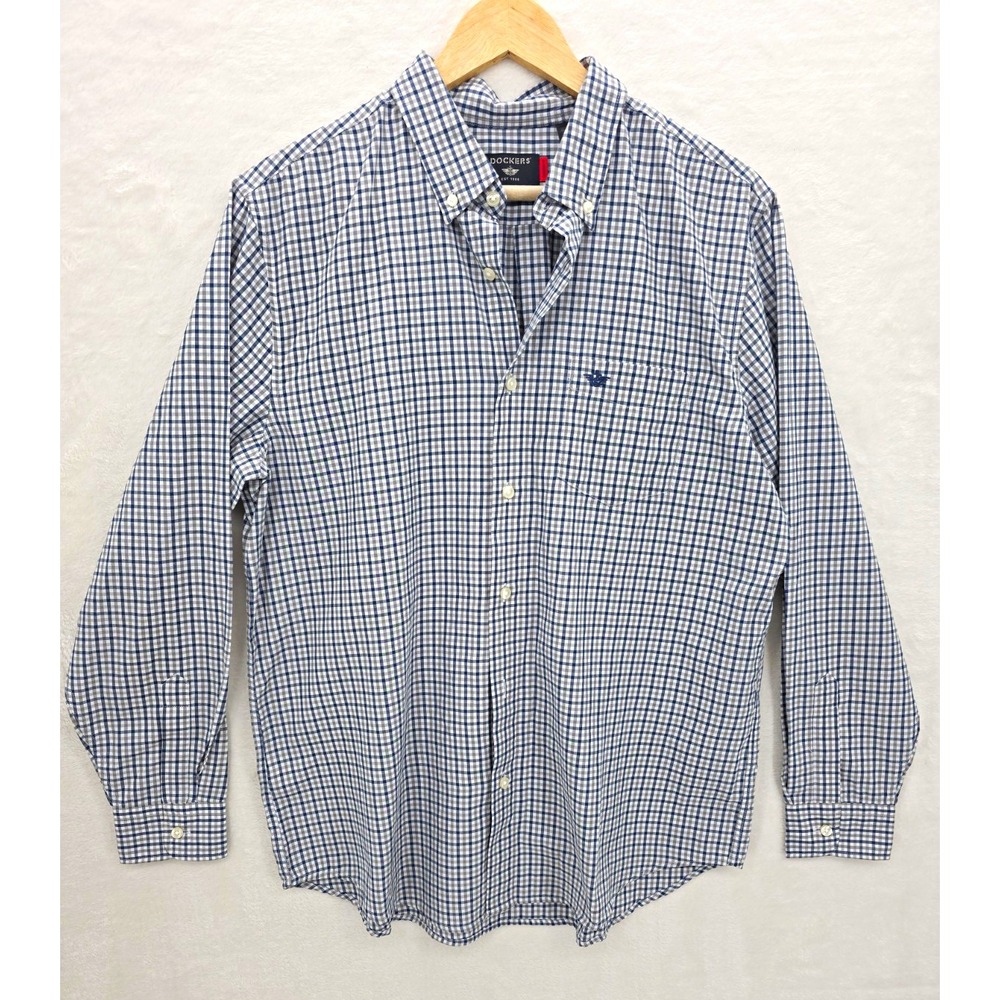 Dockers Men's Large Blue Gray Plaid Button-Down Shirt – Wrinkle-Resistant